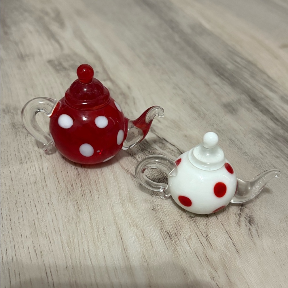 Lenox "Hot Spots" Lampwork Glass Teapot Mini Figurines Red White Polka Dots